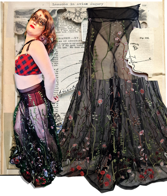 The Boann Project: Wide Legged Pleated "Oxford" Embroidered Black Tulle Trousers